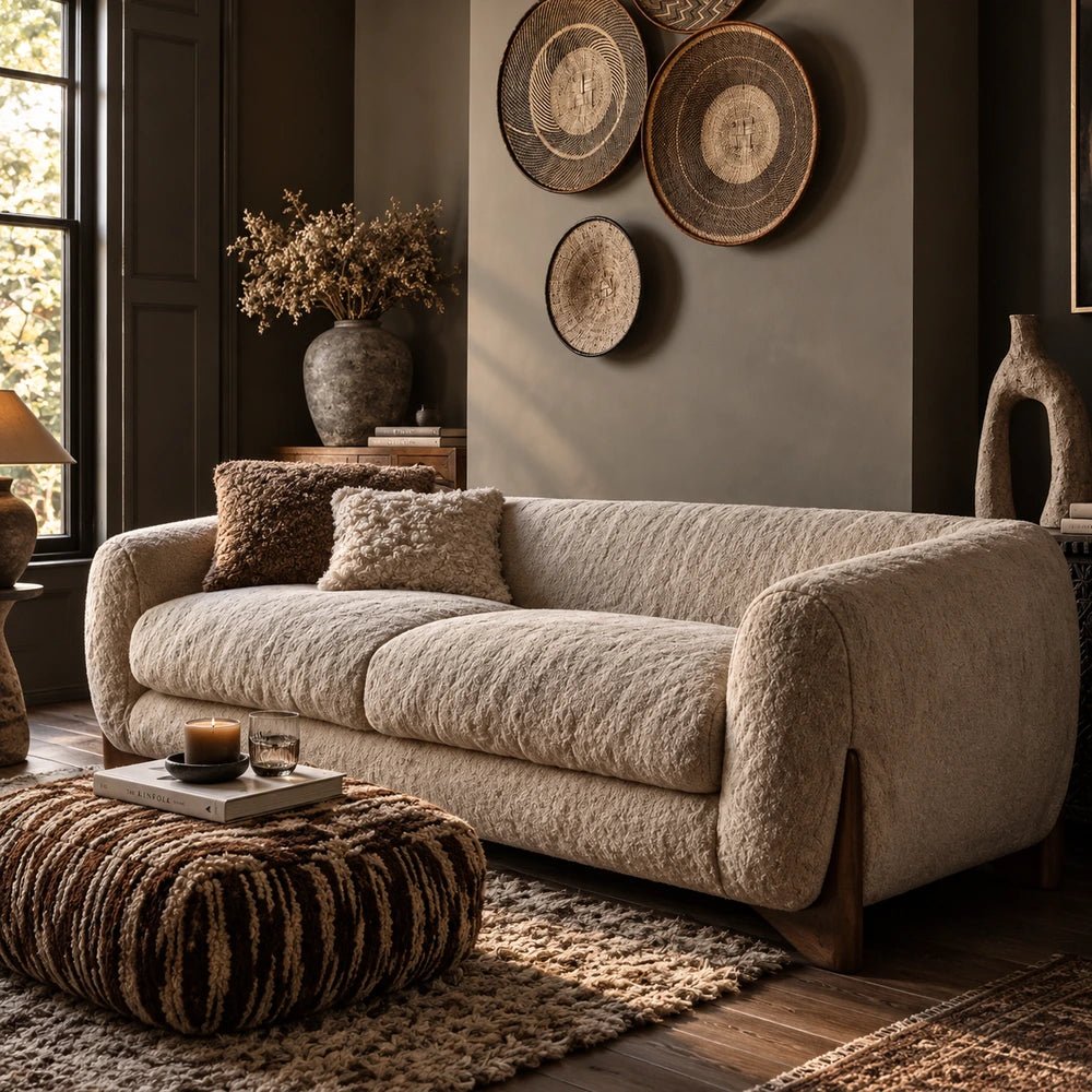 Moritz Faux Sheepskin Sofa with soft cream textured upholstery and rounded silhouette, styled beside a window with neutral cushions, plants and a dark coffee table.