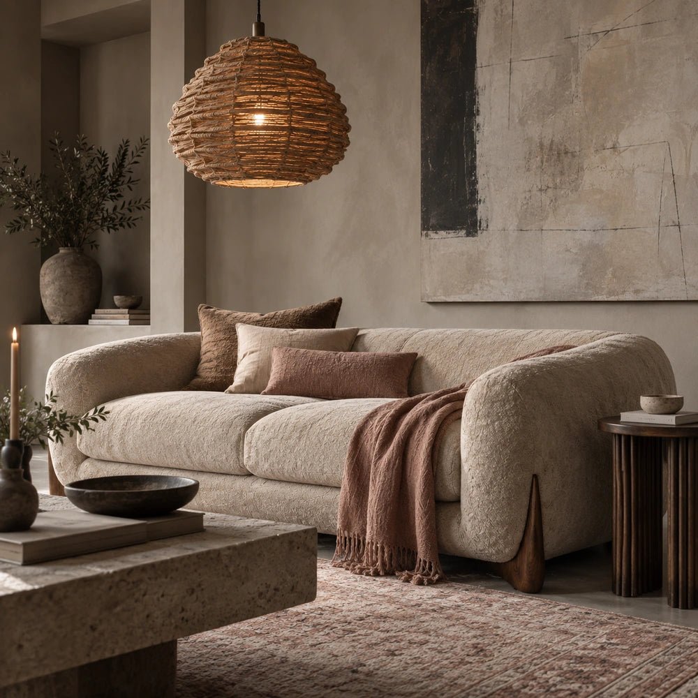 Moritz Faux Sheepskin Sofa with soft cream textured upholstery and rounded arms, styled in a warm living room with neutral cushions, rug and side table.