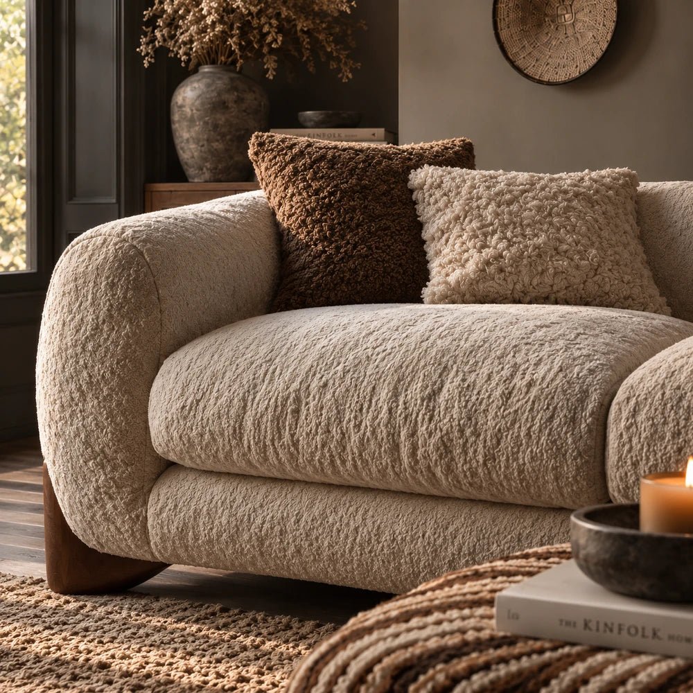 Moritz Faux Sheepskin Sofa with soft cream textured upholstery, styled with layered neutral cushions and a dark side table in a warm contemporary living room.