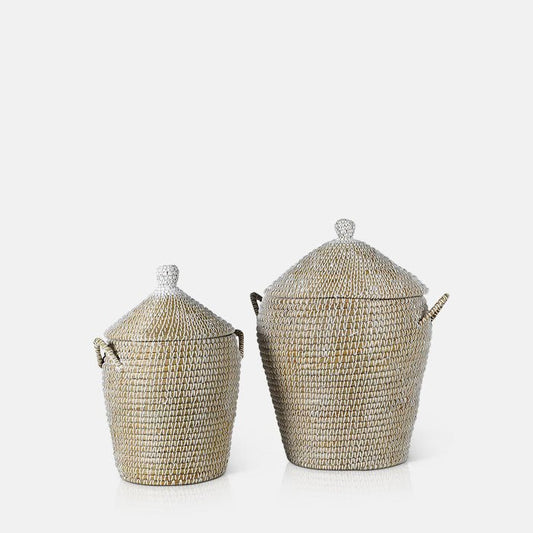 Two different sized woven baskets with matching lids and handles