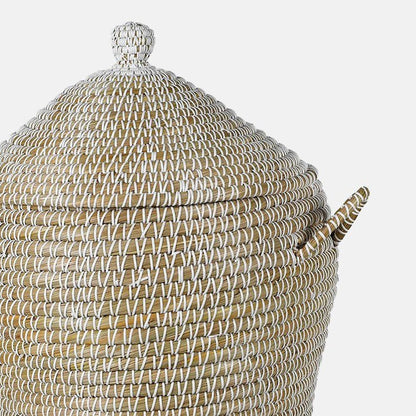 Contrast white stitching around a brown woven basket with handles and a matching lid