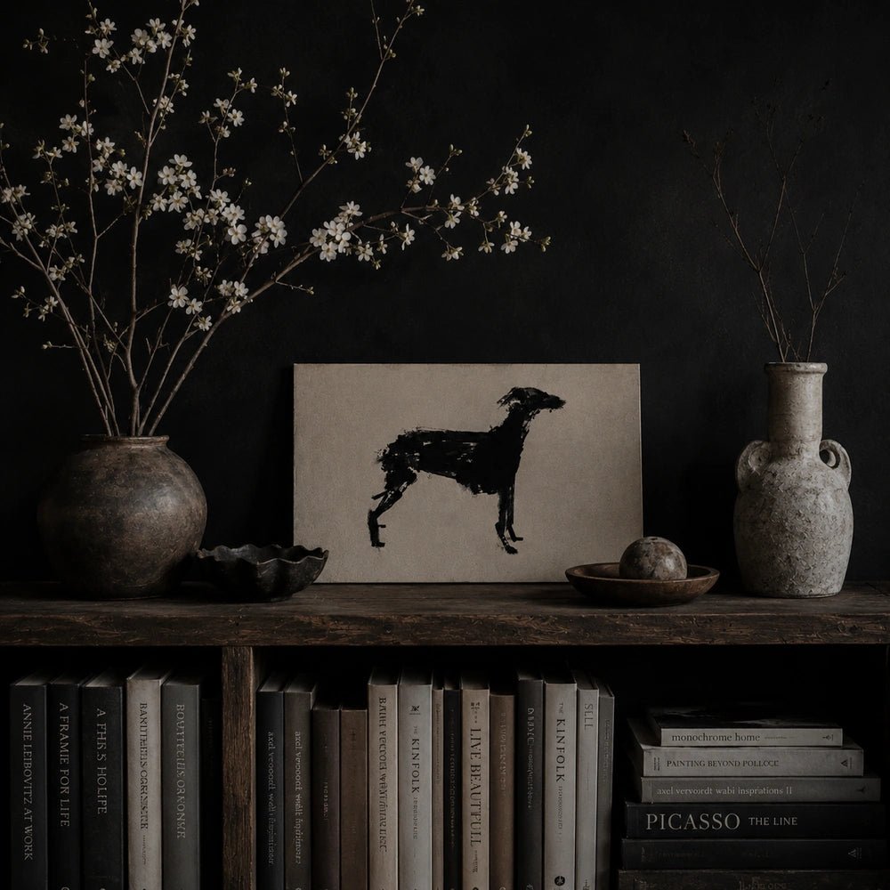 Murphy Dog Print featuring a monochrome dog portrait, displayed on a dark shelf beside stacked books and sculptural neutral vases in a moody interior.