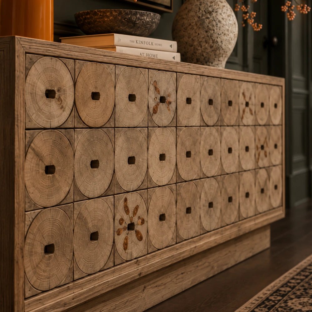 Myton Wooden Sideboard with dark textured doors and warm wood frame, styled with ceramic vases, leafy branches and books in a softly lit interior.