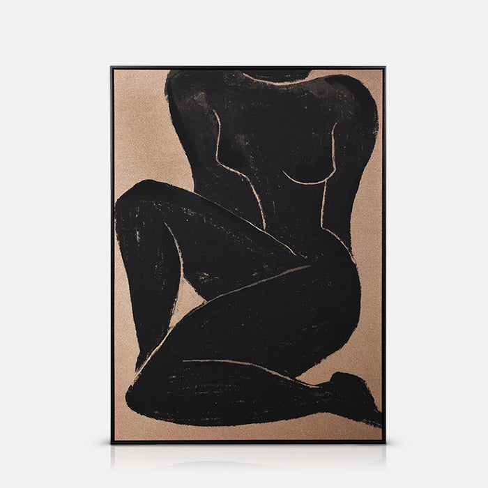Abstract black and gold figurative print in a thin black frame