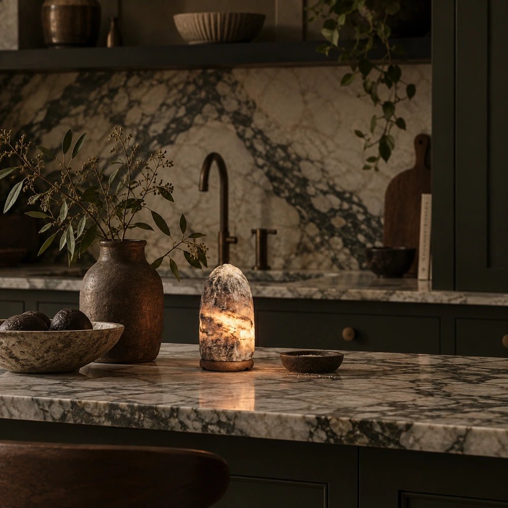 Nepal Natural Salt Lamp in smoky grey crystal, glowing warmly on a kitchen counter beside ceramic bowls, wooden boards, foliage and neutral textured accessories.