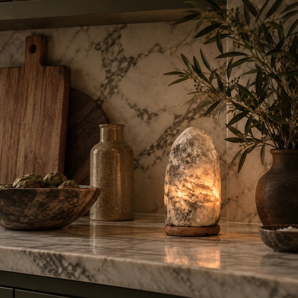 Nepal Natural Salt Lamp in smoke with a dark sculptural stone form, displayed on a side table beside a cream sofa with layered neutral cushions.