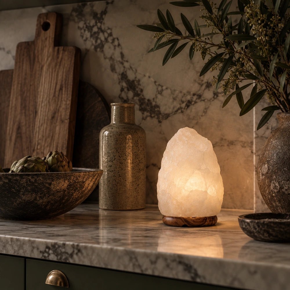 Nepal Natural Salt Lamp in pale white crystal, glowing warmly on a kitchen counter beside ceramic bowls, wooden boards, foliage and softly textured neutral accessories.