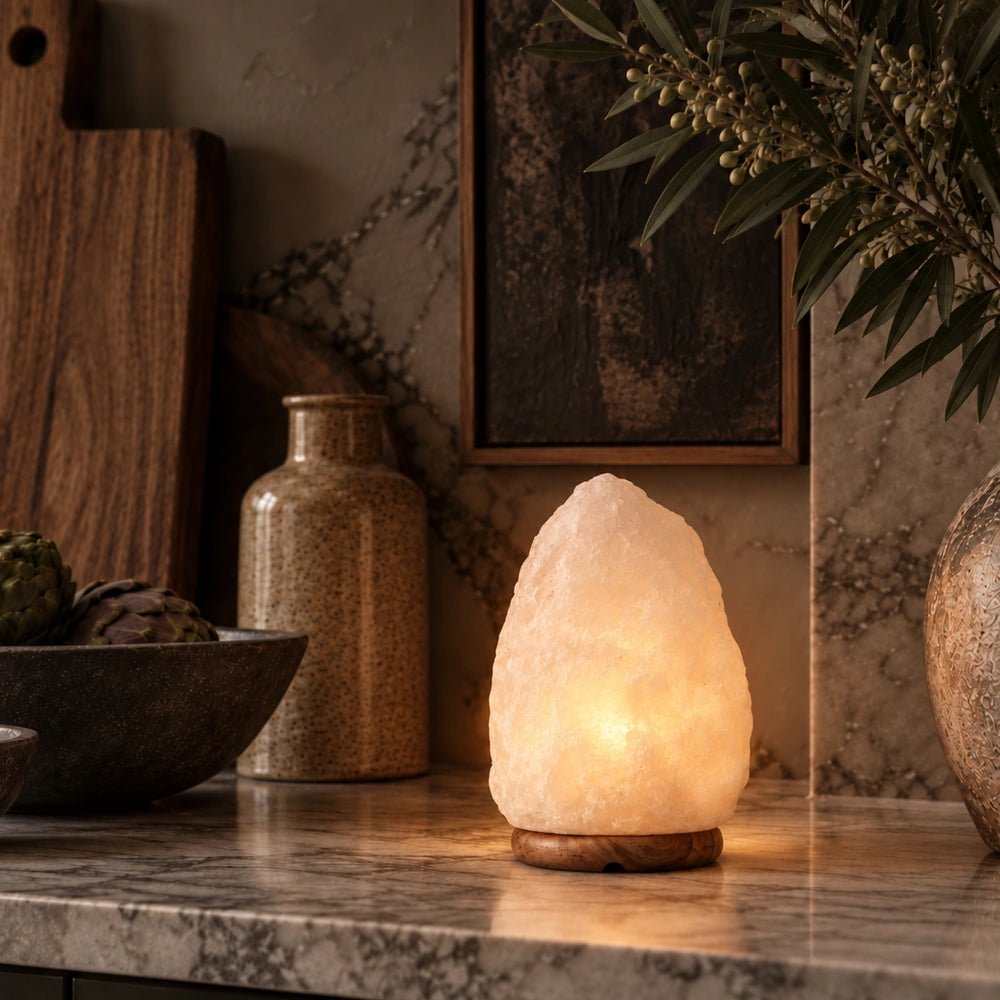 Nepal Natural Salt Lamp in white with a softly glowing textured stone form, styled on a dark side table beside a cream sofa and neutral cushions.