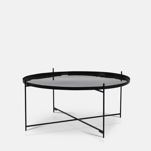 Round black enamel tray table with a thin black iron frame