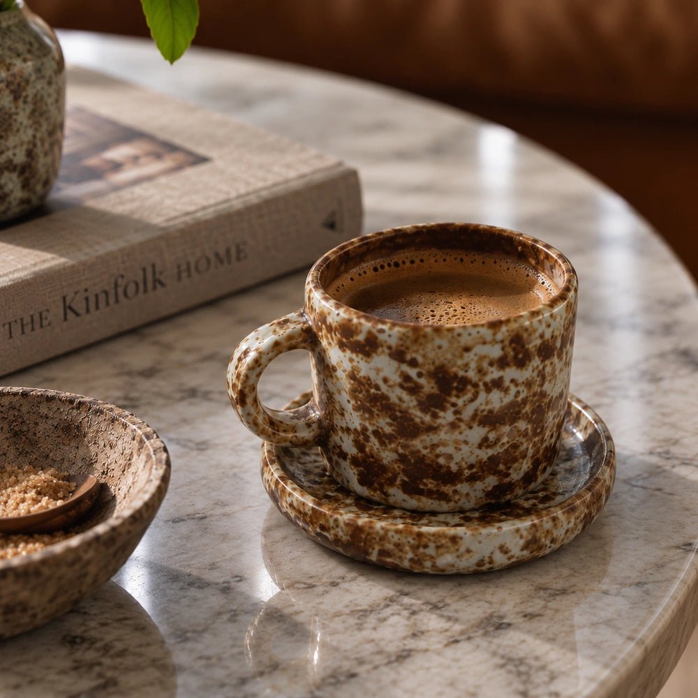 Norman Cup and Saucer in mocha brown ceramic, styled on a dark table with warm neutral decor for a contemporary coffee or tea setting.