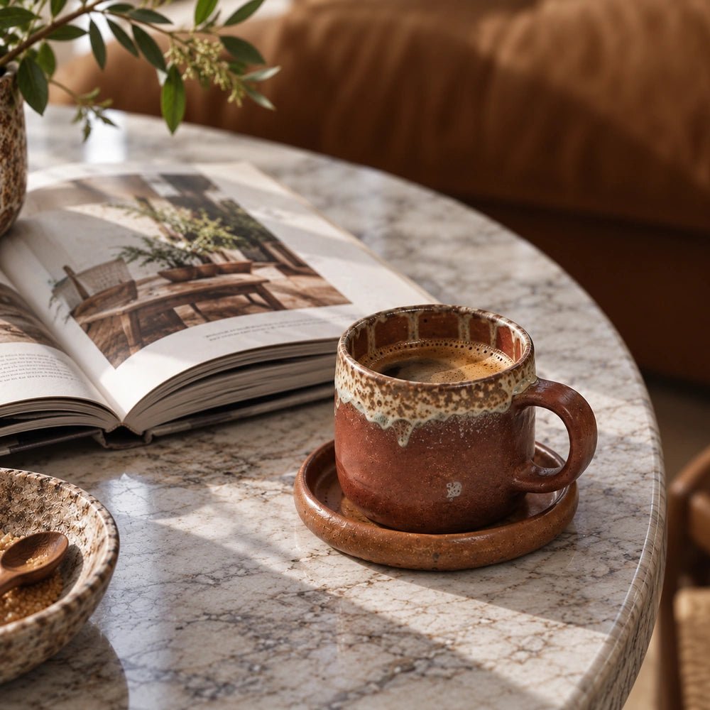 Norman Cup and Saucer in warm rust ceramic, arranged on a dark coffee table with layered neutral decor in a relaxed contemporary living space.