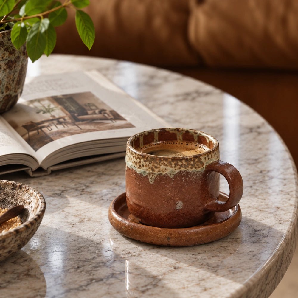 Norman Cup and Saucer in warm rust ceramic, styled on a dark table with neutral accessories for a contemporary coffee or tea setting.