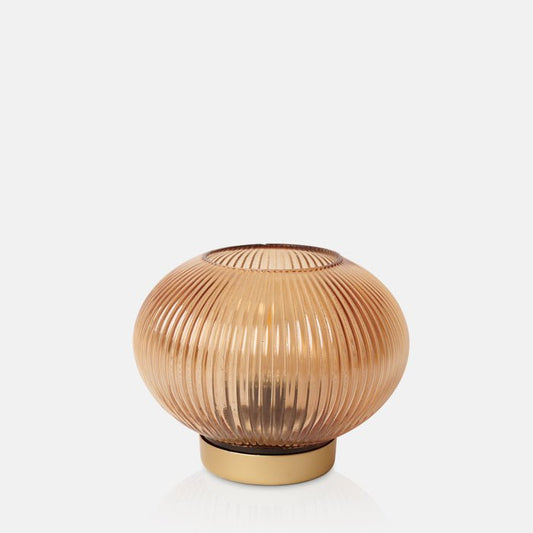 Round ribbed glass led lamp in amber with a gold base
