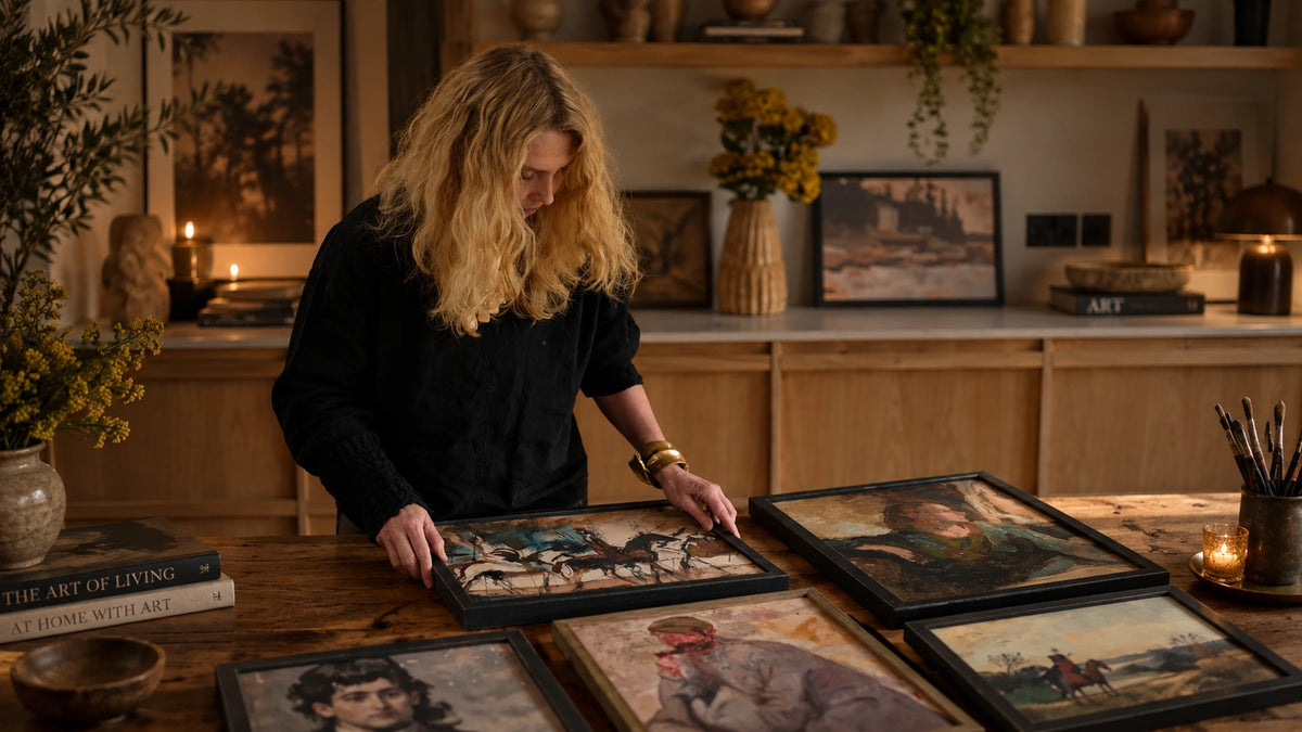 Abigail Ahern arranging framed artwork on a wooden studio table, surrounded by paintings, art books, ceramics, flowers and warm decorative lighting.