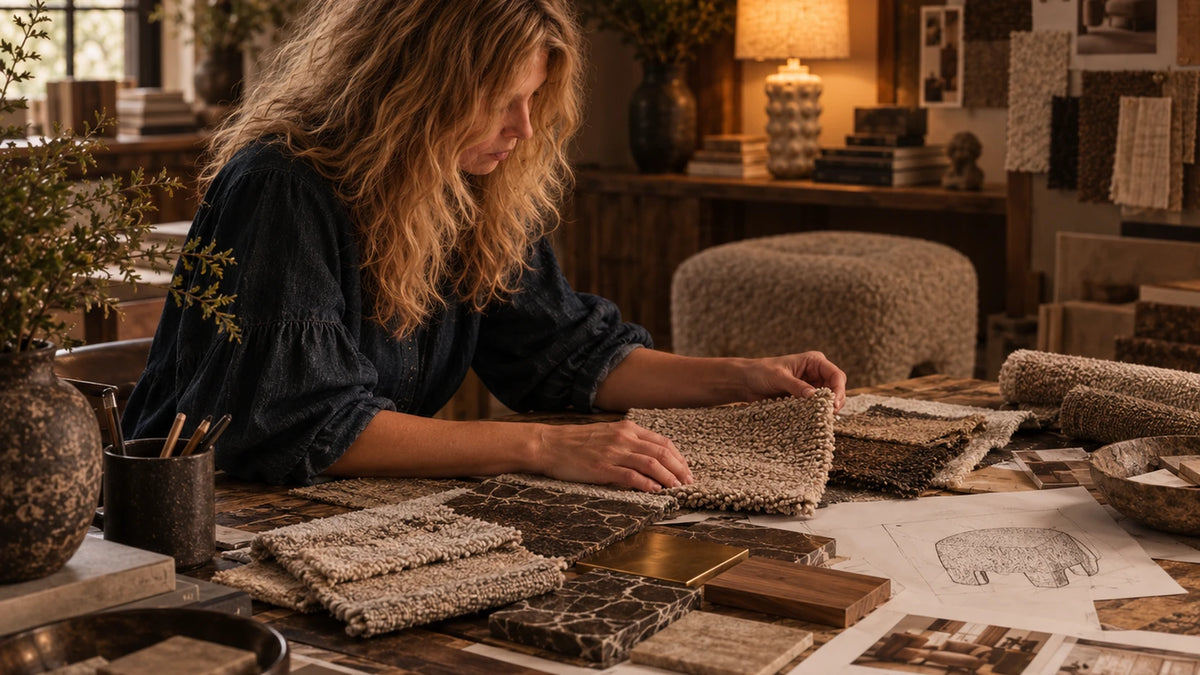 Abigail Ahern reviewing neutral textured fabric samples and interior finishes at a design studio table, surrounded by material swatches, sketches, wood and stone samples.