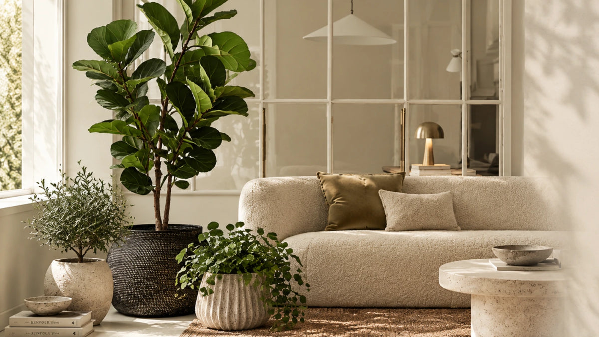 Tall broad-leaf tree and smaller leafy plants in textured black and cream planters beside a curved cream sofa in a bright, neutral living room.