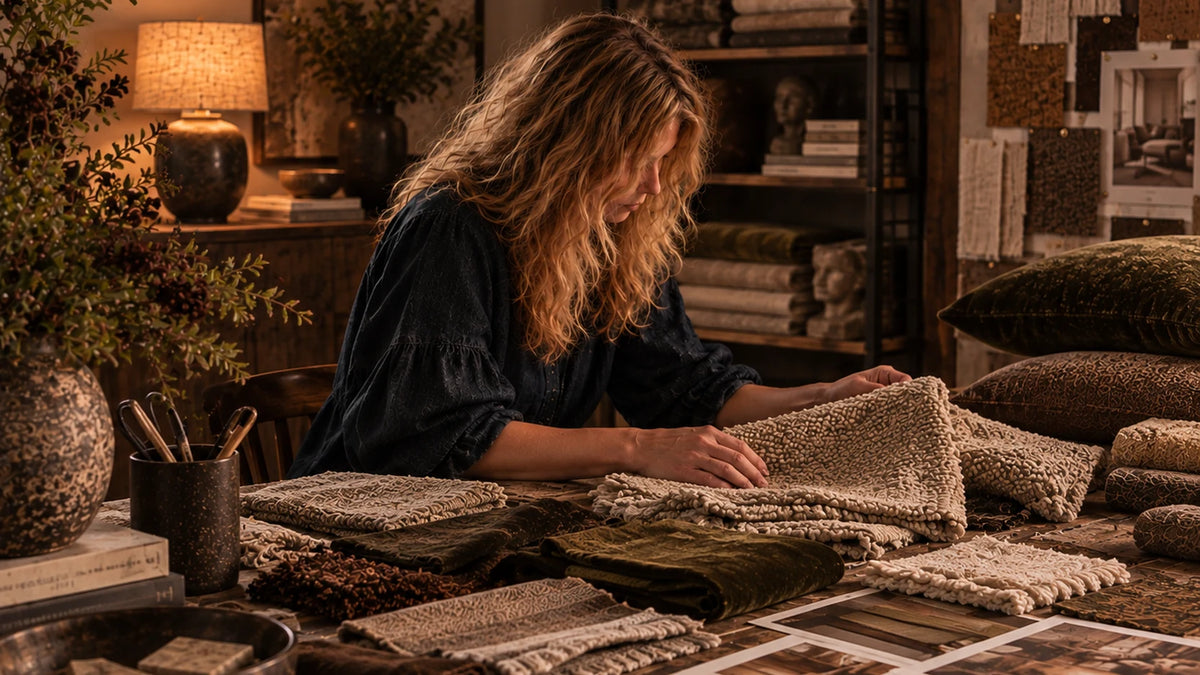 Abigail Ahern reviewing layered neutral and earthy fabric samples at a studio table, surrounded by textured textiles, cushions, interior photographs, books and decorative accessories.