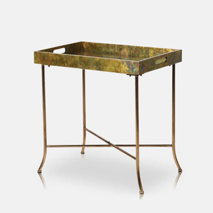 Rectangular side table with tray-top design and four legs with cross-bar, in metallic brass finish.