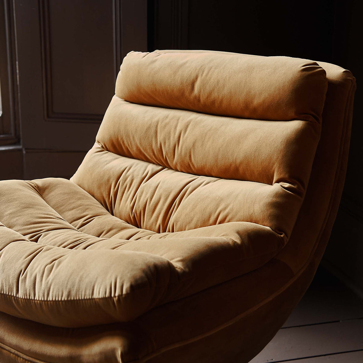 Olivia chair mustard velvet upholstery ridged detail closeup swivel modern accent furniture