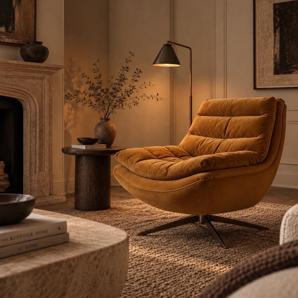 Olivia Velvet Swivel Chair with curved neutral velvet upholstery, styled beside a dark side table with layered cushions and decorative objects in a warm interior.