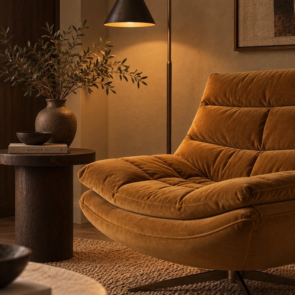 Olivia Velvet Swivel Chair with a curved upholstered silhouette and plush neutral velvet, styled in a warm interior with textured cushions and dark accents.