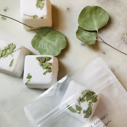 Eucalyptus leaves and white, square shower bars lying on a cream surface next to its plastic packaging