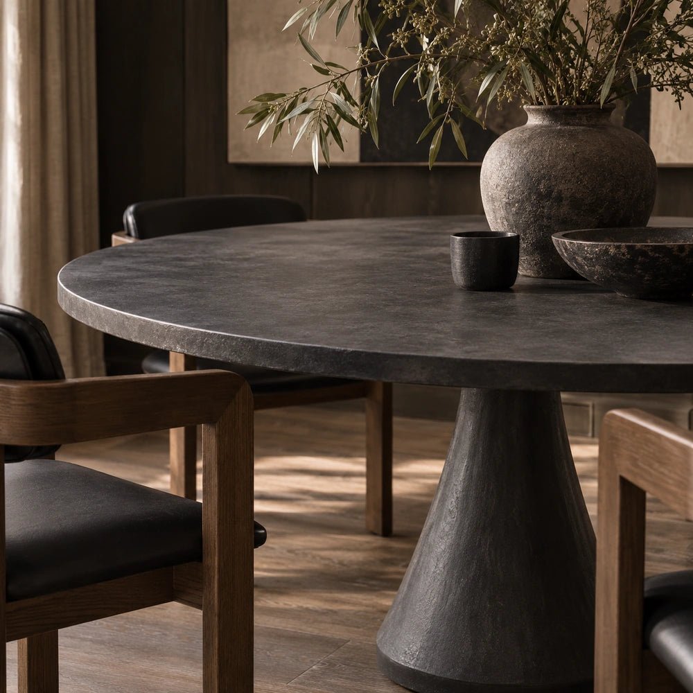 Orion Dining Table styled in a warm neutral dining room with a sculptural wooden base, rectangular top, upholstered chairs and contemporary decorative accessories.