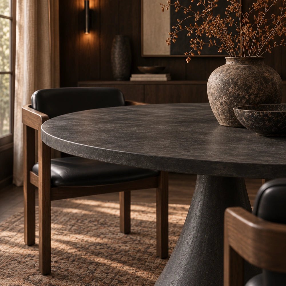 Orion Dining Table with a dark sculptural base and rounded tabletop, styled with dining chairs and decorative accessories in a warm contemporary dining room.