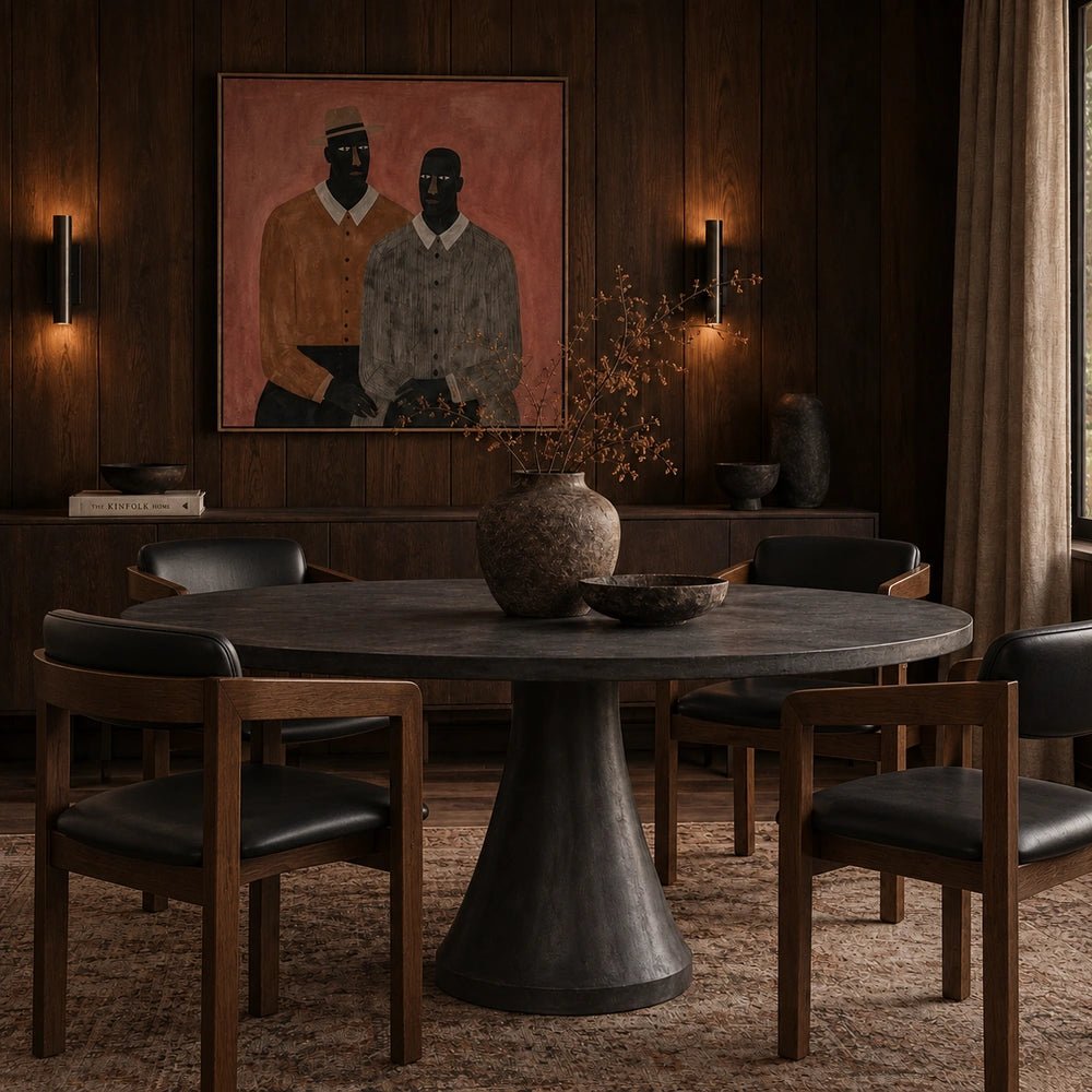 Orion Dining Table with dark rounded tabletop and sculptural pedestal base, styled with upholstered dining chairs and neutral accessories in a contemporary interior.