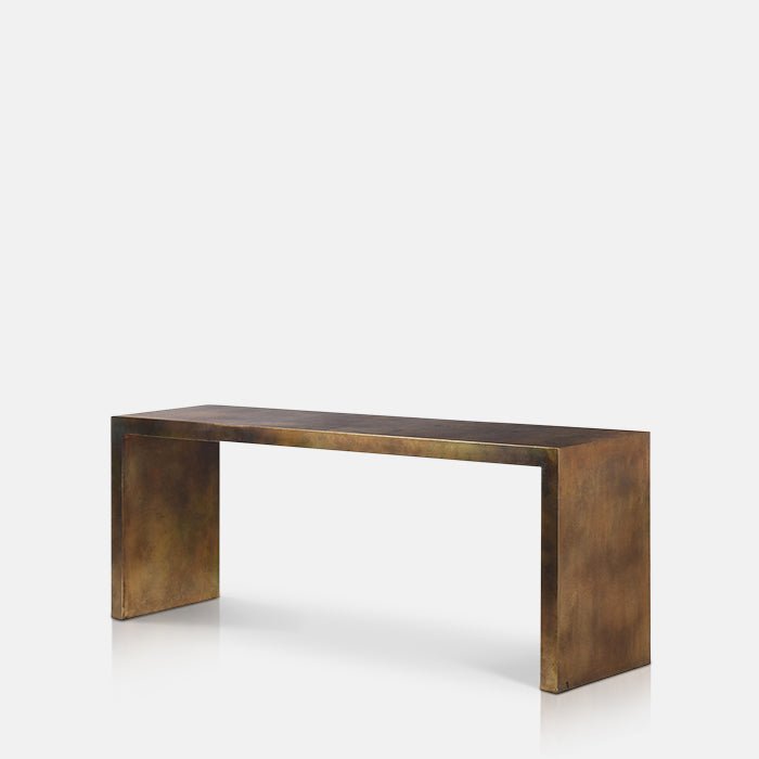 Cutout of Orland Iron Console Table, a sophisticated and simple long slim console in burnished gold metal finish. crafted from iron with a clean-lined rectangular shape