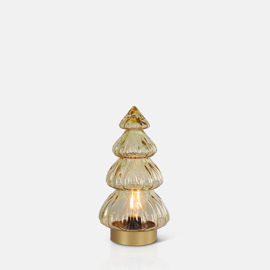 A yellow glass Christmas tree-shaped lamp.