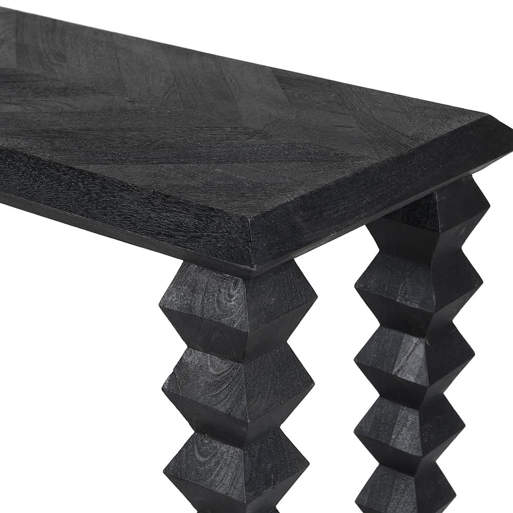 Abigail Ahern Antrim Wooden Console Table crafted from warm mango wood with a slim black frame, featuring a long rectangular surface and timeless, elegant silhouette.