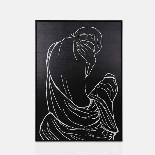 Large rectangular black and white figurative print with a black frame