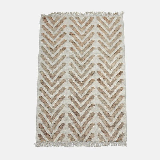 Cream woven rug with beige geometric arrow design.