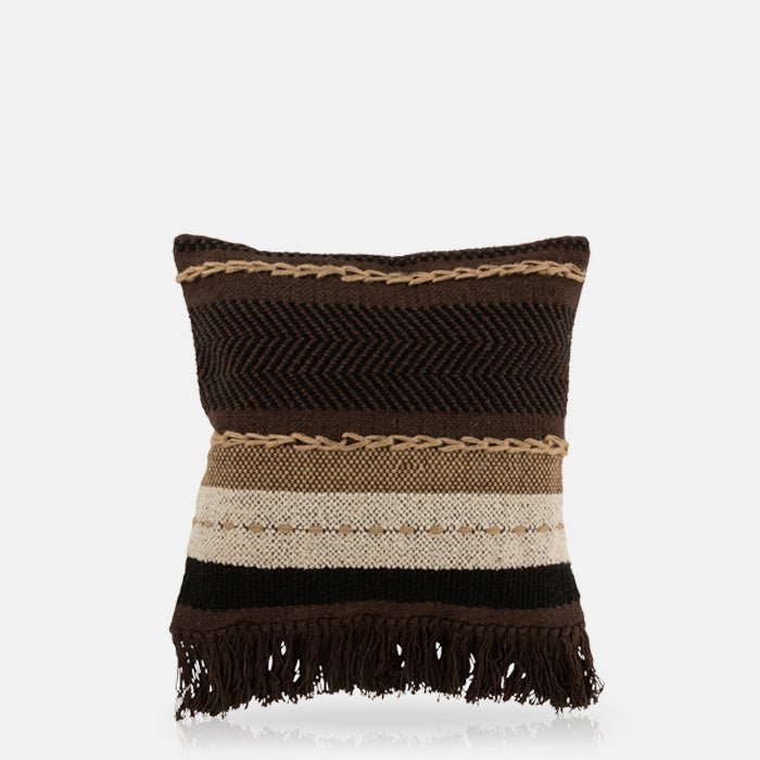 Cutout of the Piper Cushion, a square cushion featuring stripes of varying widths in shades of brown and a dark brown fringe..