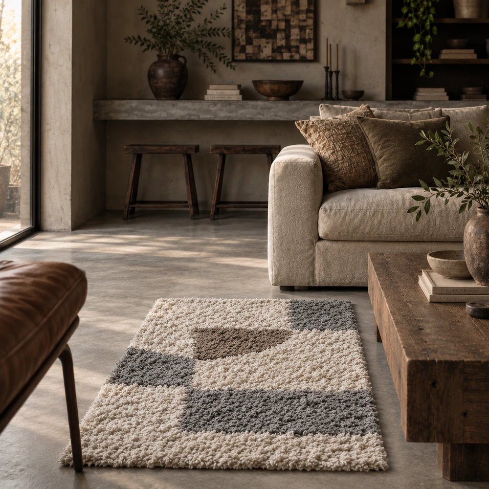 Portland Tufted Cotton Runner styled across a hallway floor, showing its textured geometric surface alongside warm furniture and contemporary neutral interior details.