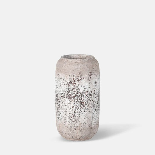Tall cylindrical vase with a distressed grey surface