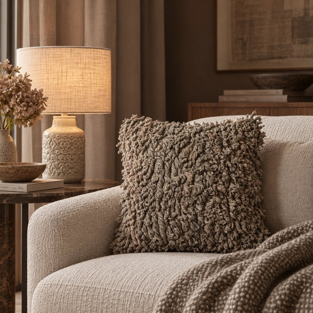 Quarry Textured Cushion styled on a neutral sofa, showing its tactile surface alongside layered soft furnishings and warm contemporary living room accessories.