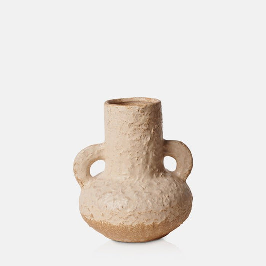 Light brown textured vase with two handles and a long neck.Sign up to get exclusive interior tips and tricks.
