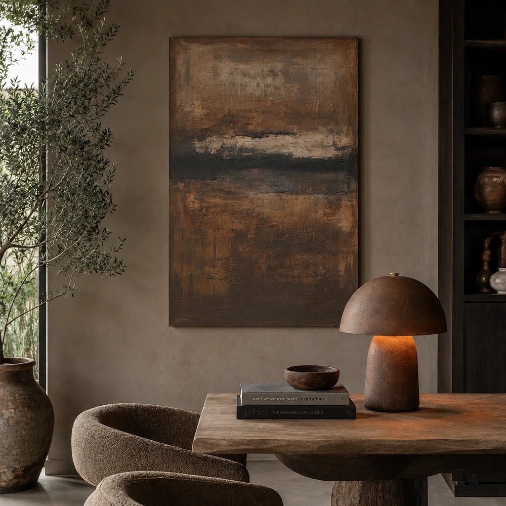 Reverie Canvas Art styled in a contemporary living room with neutral furniture, decorative accessories and warm layered textures framing the oversized wall artwork.