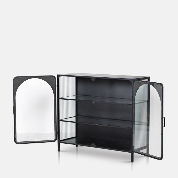 Glass doors swung open on a cabinet revealing two glass shelves