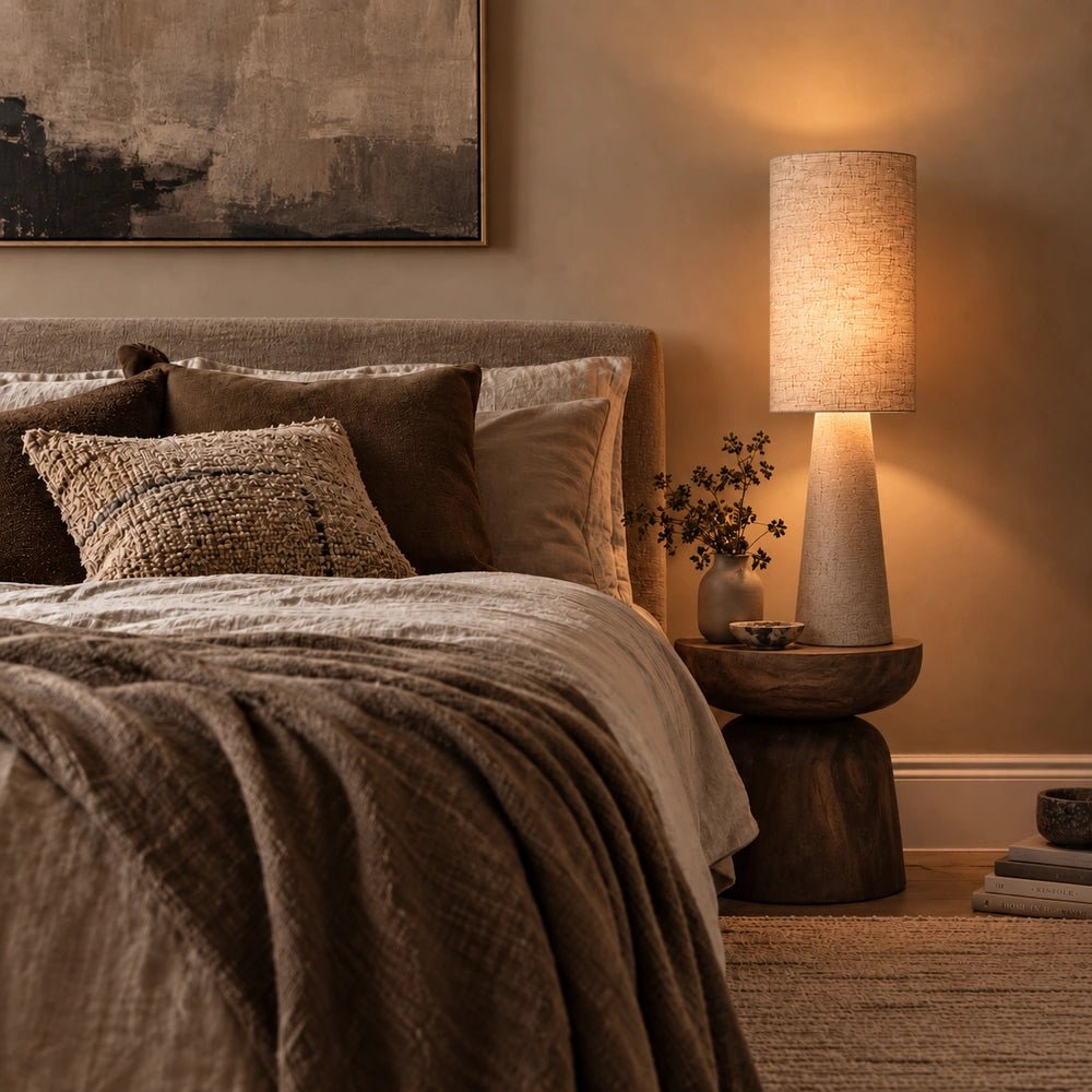 Rollins Large Table Lamp displayed on a styled console with sculptural accessories, warm neutral colours and layered contemporary interior textures around it.