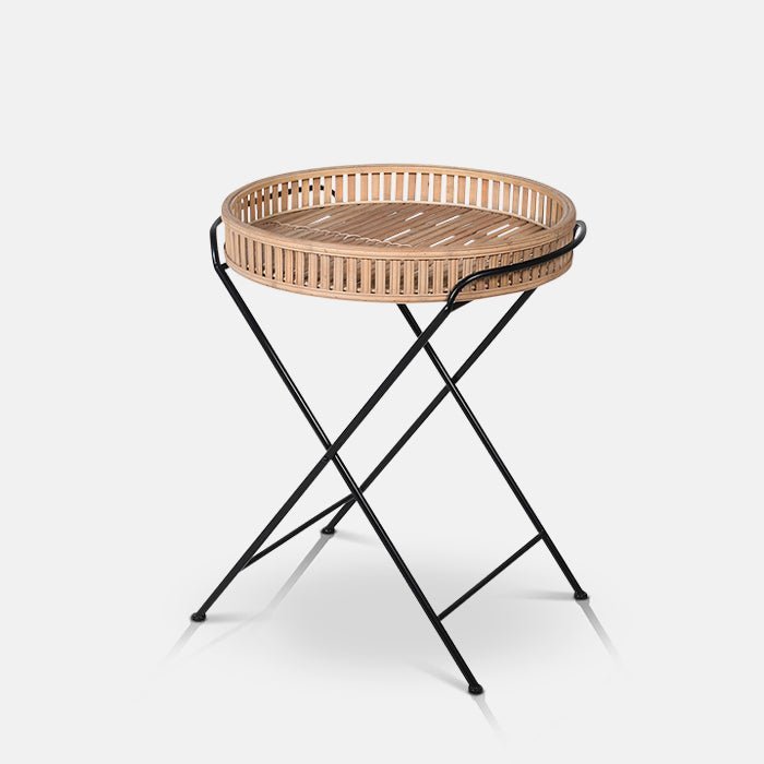 A cutout of the Rosia Bamboo Side Table, a round slatted bamboo table with a black iron frame.