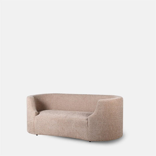 Boucle two seater sofa in creamy oat colour, with curved back and arm design.