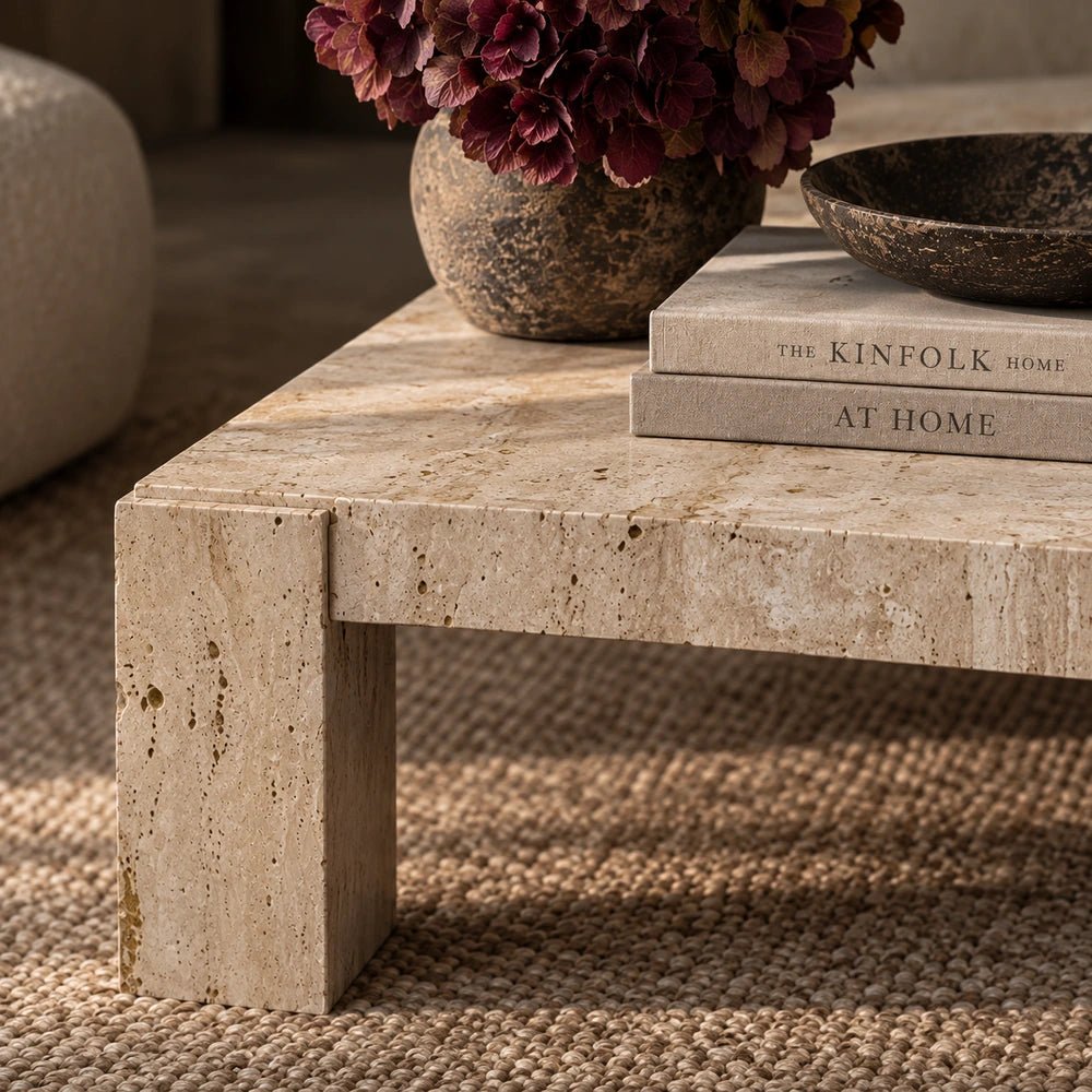 Santa Travertine Coffee Table shown close up with pale textured stone surface and block legs, styled with books, flowers and neutral living room furnishings.