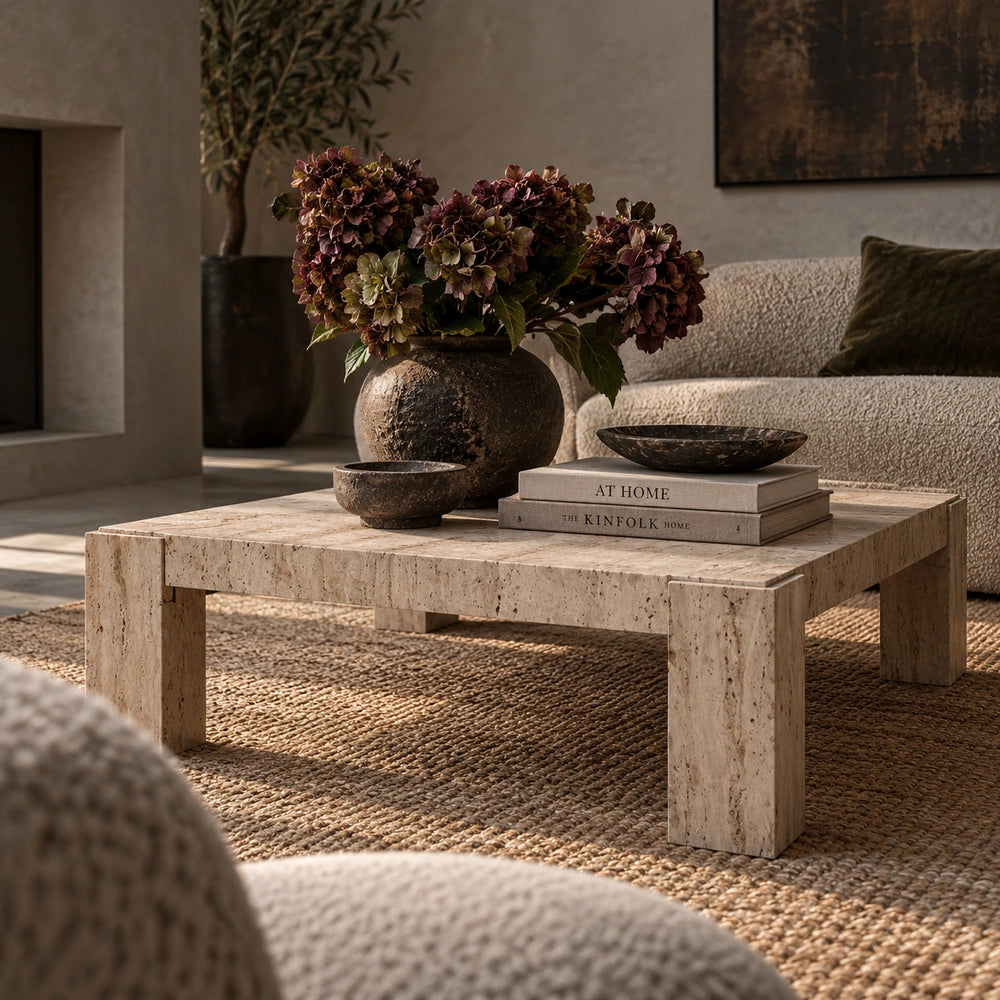 Santa Travertine Coffee Table with pale stone top and chunky legs, styled centrally in a warm neutral living room with flowers, books and seating.