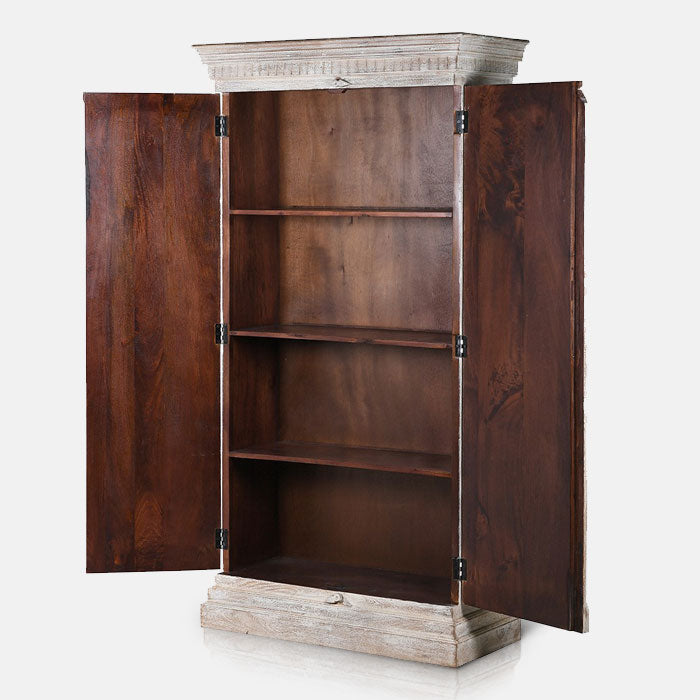 An open cabinet with four shelves and a dark wooden interior