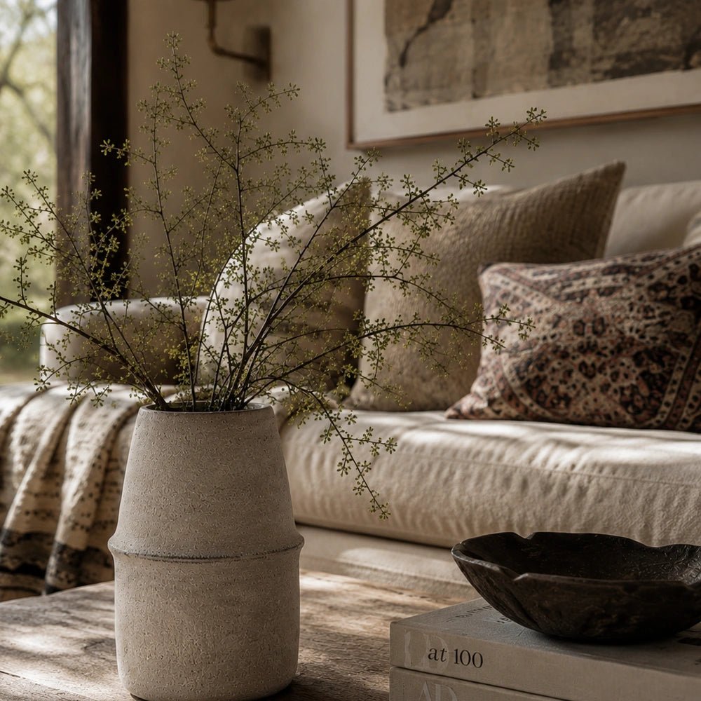 Selby Cement Vase with pale textured surface and stacked rounded shape, shown close up with delicate green branches beside a softly styled neutral sofa.