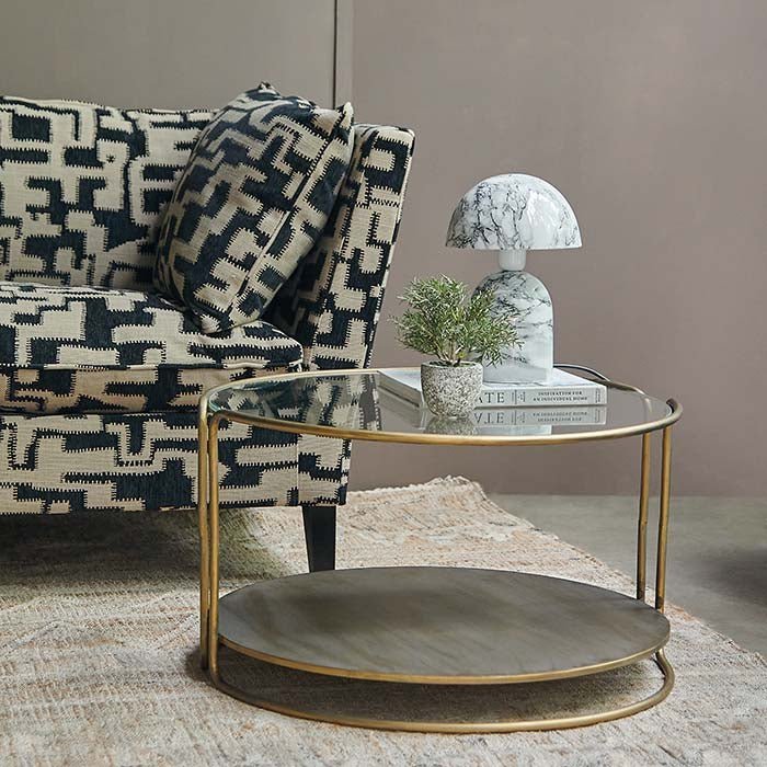 Shania coffee table round glass top antique gold iron frame storage shelf luxury modern furniture