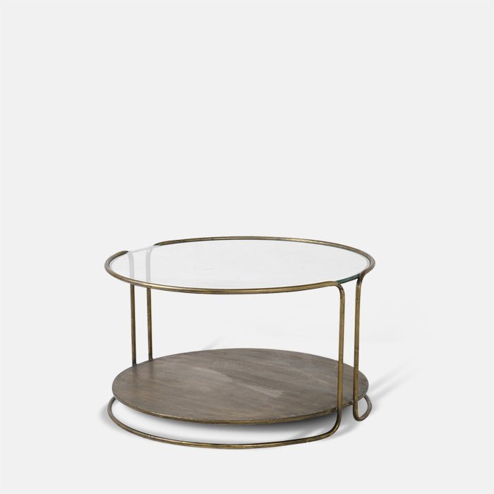 Shania coffee table cutout round glass antique gold iron frame storage shelf luxury modern